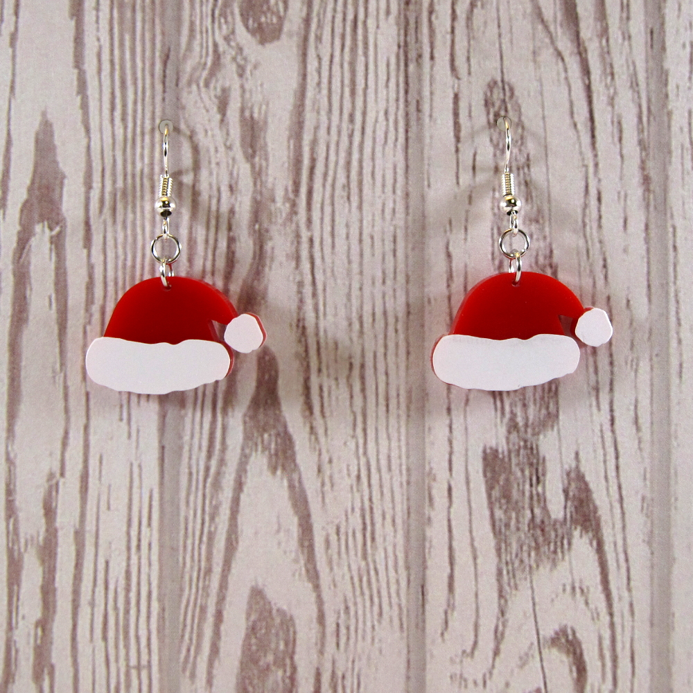 Santa Hat & Boot Dangling Fish-Hook Earrings / Red & White Glitter /  Silver-tone